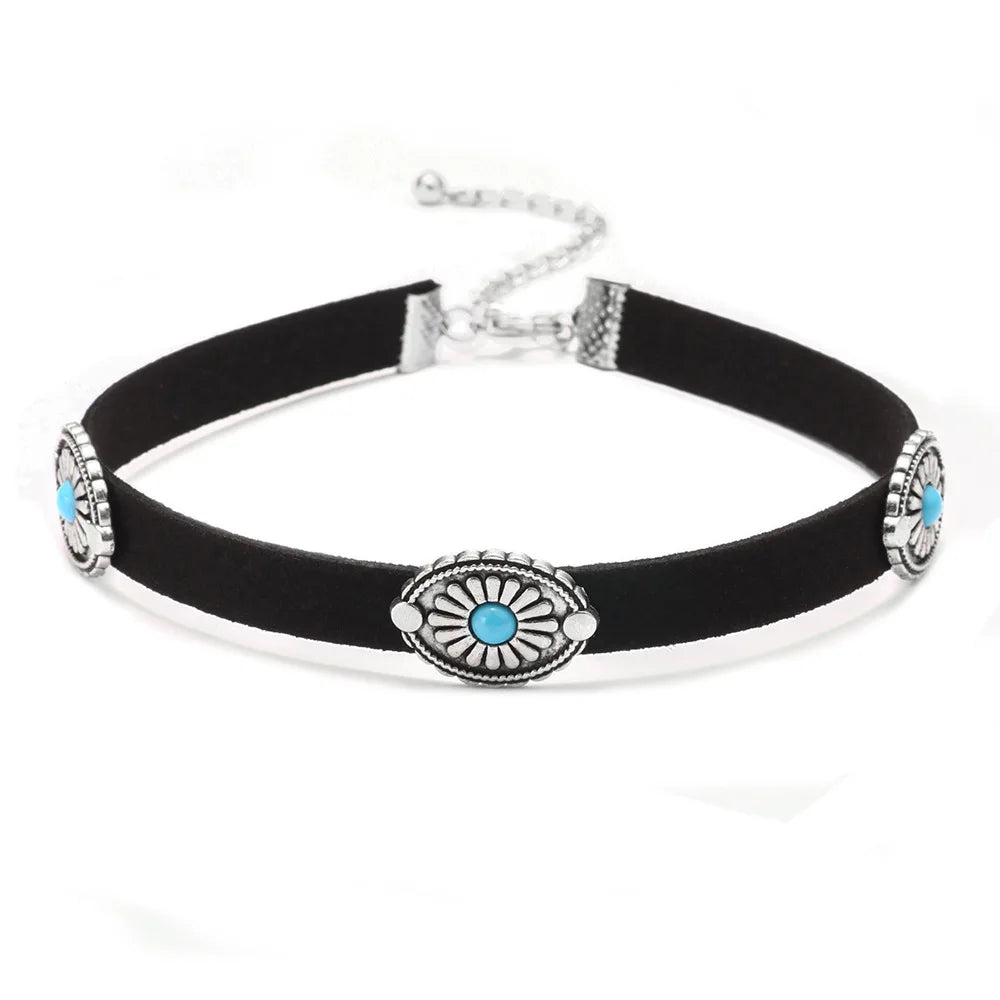 Turquoise Bead Cotton Tassel Choker Necklace Jewelry