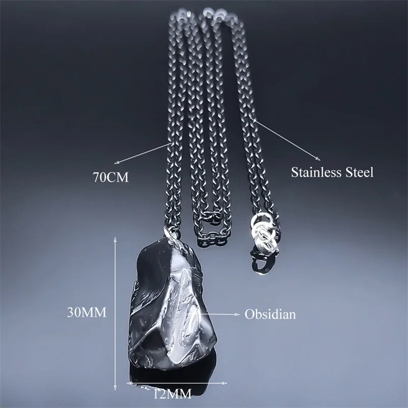 Black Obsidian Irregular Natural Stone Necklace Boho Stainless Steel Black Sweater Chain Fashion Necklaces Lucky Jewelry NDD16 - Charlie Dolly