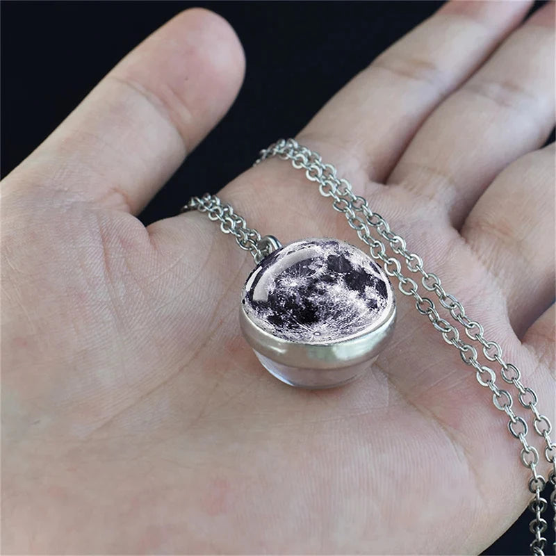 Double-Sided Galaxy Planet Glass Ball Pendant Necklace, Sun Moon Mars Cosmic Talisman