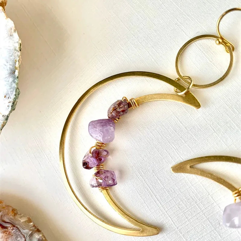 Crescent Moon Amethyst Drop Earrings, Boho Witchy Celestial Jewelry