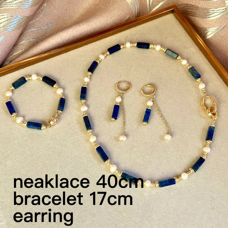 Exclusive Design Personalized Natural Freshwater Pearl Lapis lazuli Necklace Bracelet Earrings Copper Plated 14k Gold Accessorie - Charlie Dolly