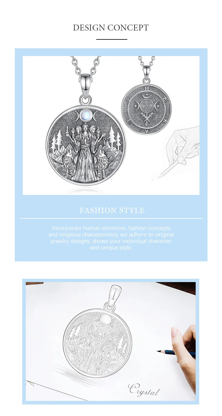 S925 Sterling Silver Hecate & Dog Pendant Necklace, Triple Moon Goddess Moonstone Amulet