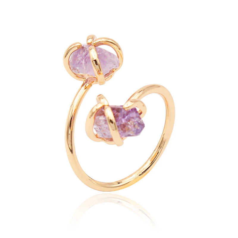 Irregular Amethyst Crystal Open Ring for Women Girls Claw Setting Gold-color Boho Natural Stone Finger Jewelry Resizable - Charlie Dolly