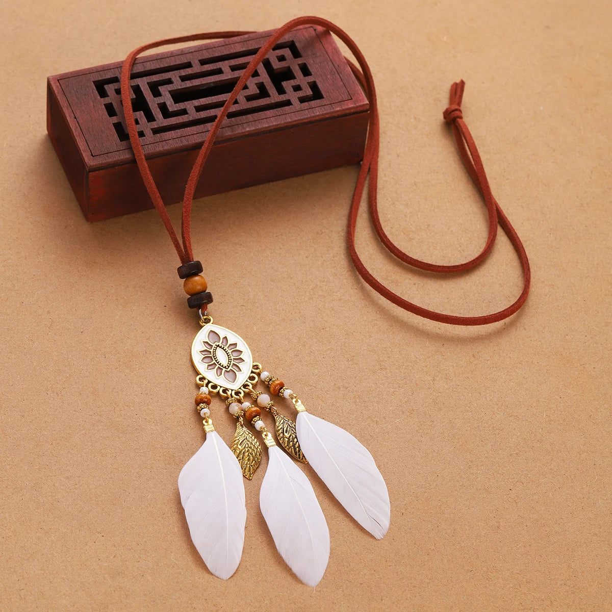 Rope Bead Feather Pendant Long Necklace Jewelry