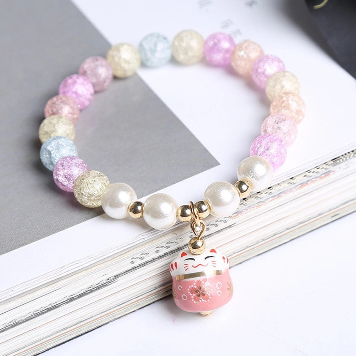 Boho Fortune Cat Charms Bracelet for Women 8mm Round Natural Stone 18cm Stretch Wire Couple Bracelet Jewelry Accessories Gifts - Charlie Dolly