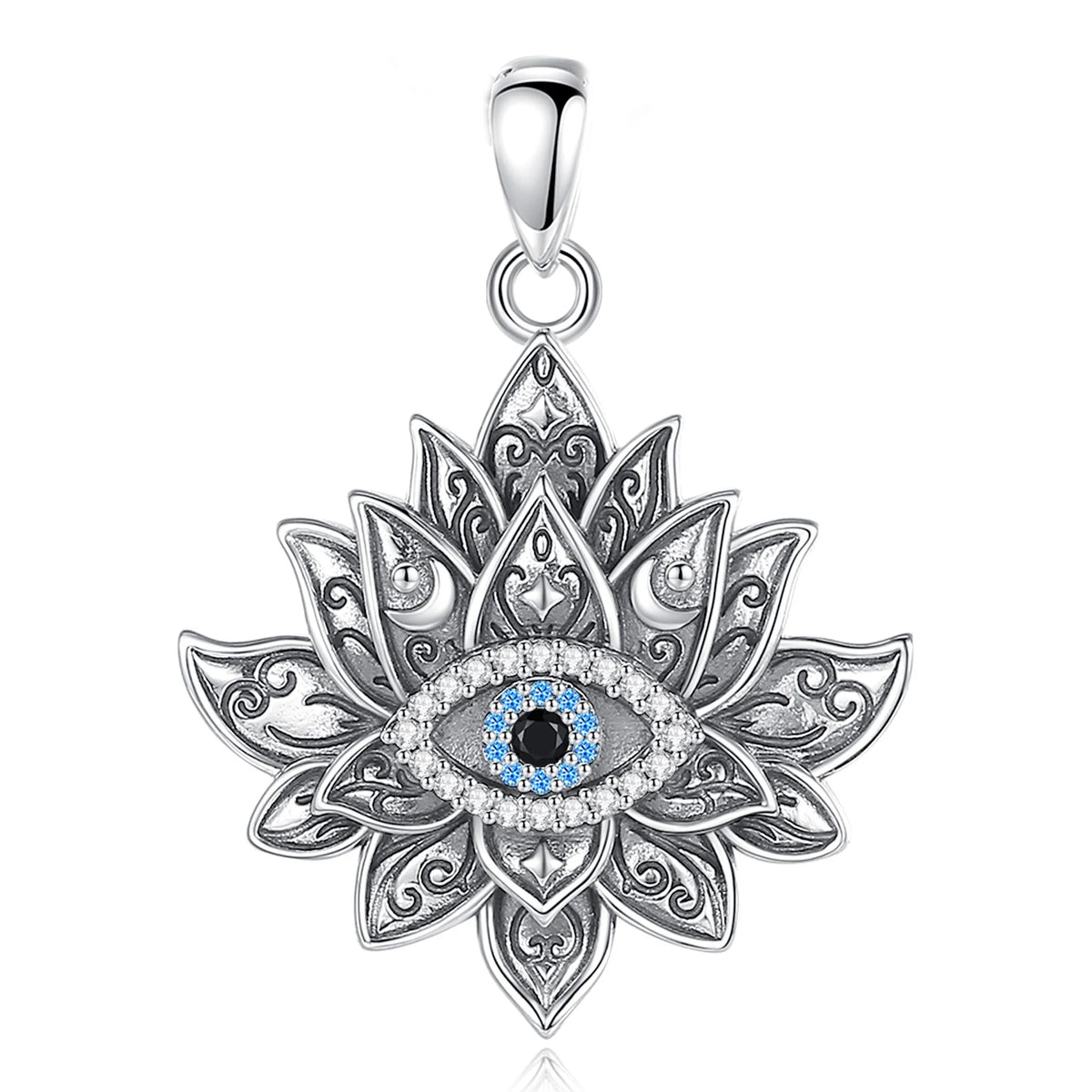 925 Sterling Silver Evil Eye & Lotus Pendant Necklace, Vintage Eudora Sacred Amulet