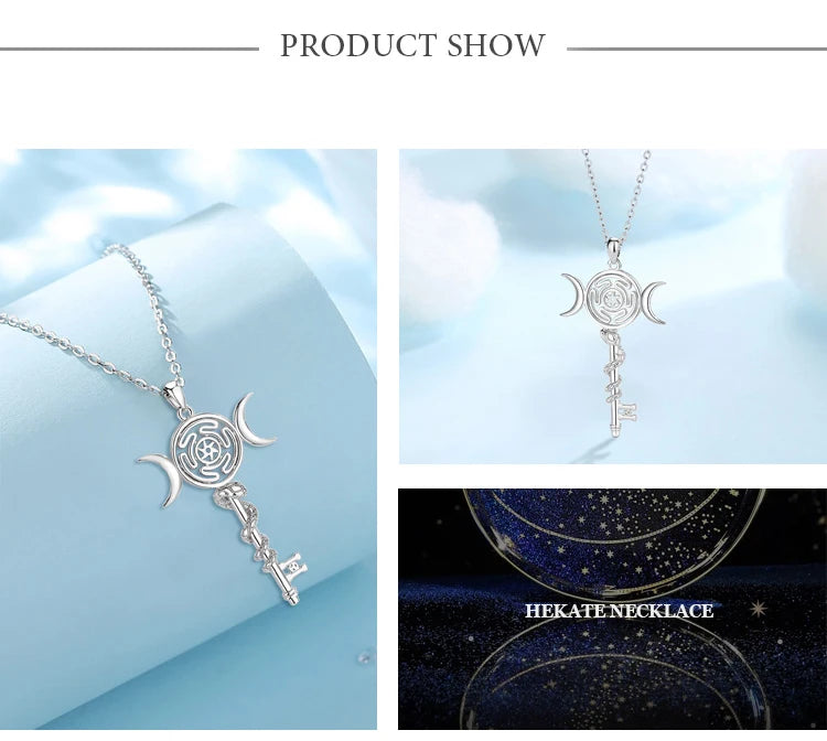 Sterling Silver 925 Hekate Wheel Triple Moon Goddess Necklace, Snake Key Witch Amulet