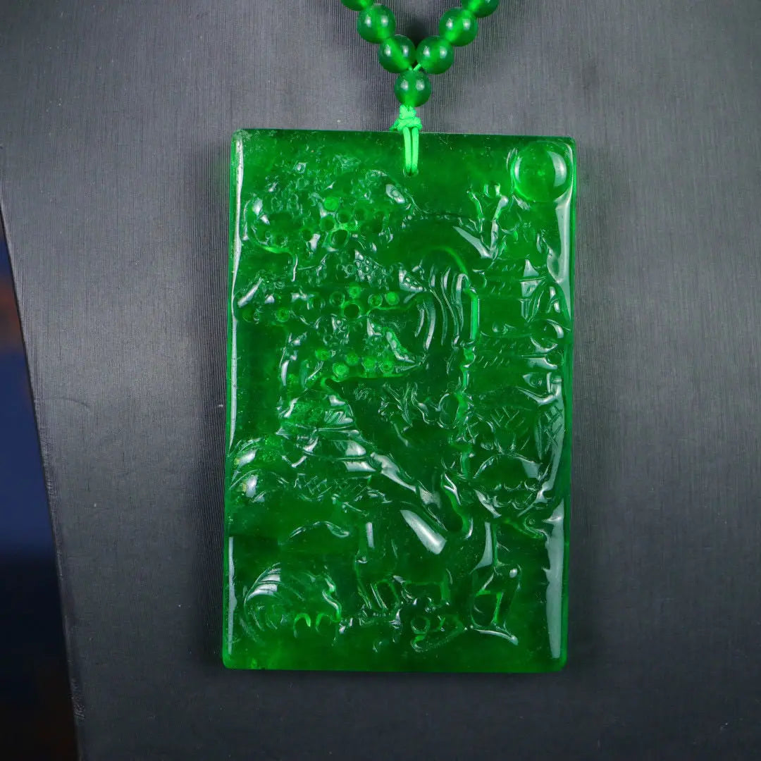Myanmar Ice Jadeite Carved Landscape Amulet Necklace, Sacred Mountain Talisman