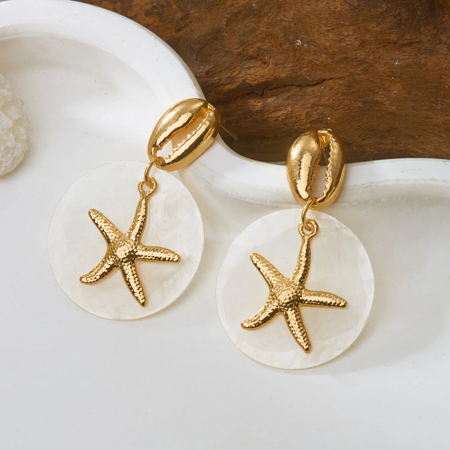 Tropical Cowrie Shell and Pearl Starfish Drop Earrings