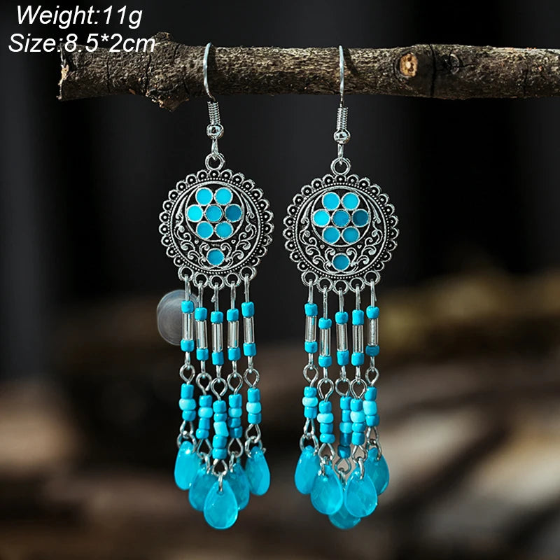 Blue Enamel Feather Crystal Long Earrings Jewelry