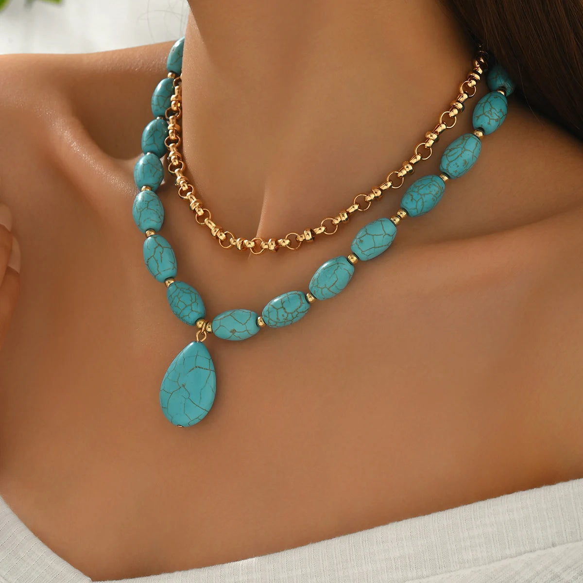 Turquoise Oval Pendant Layered Choker Set Jewelry