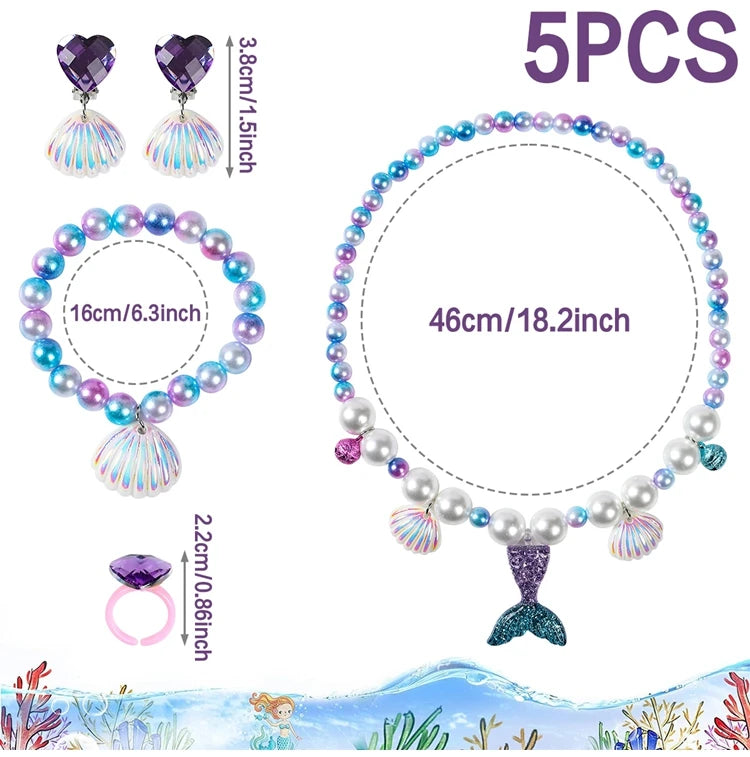Princess Mermaid Shell Charm Necklace and Bracelet Set (5 Pieces)