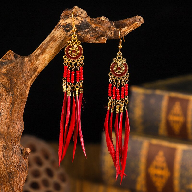 Vintage Bohemian Ethnic Style Earrings Long Rice Bead Tassel Earrings FOR WOMEN Alloy Dripping Oil Long Tassel Earrings - Charlie Dolly