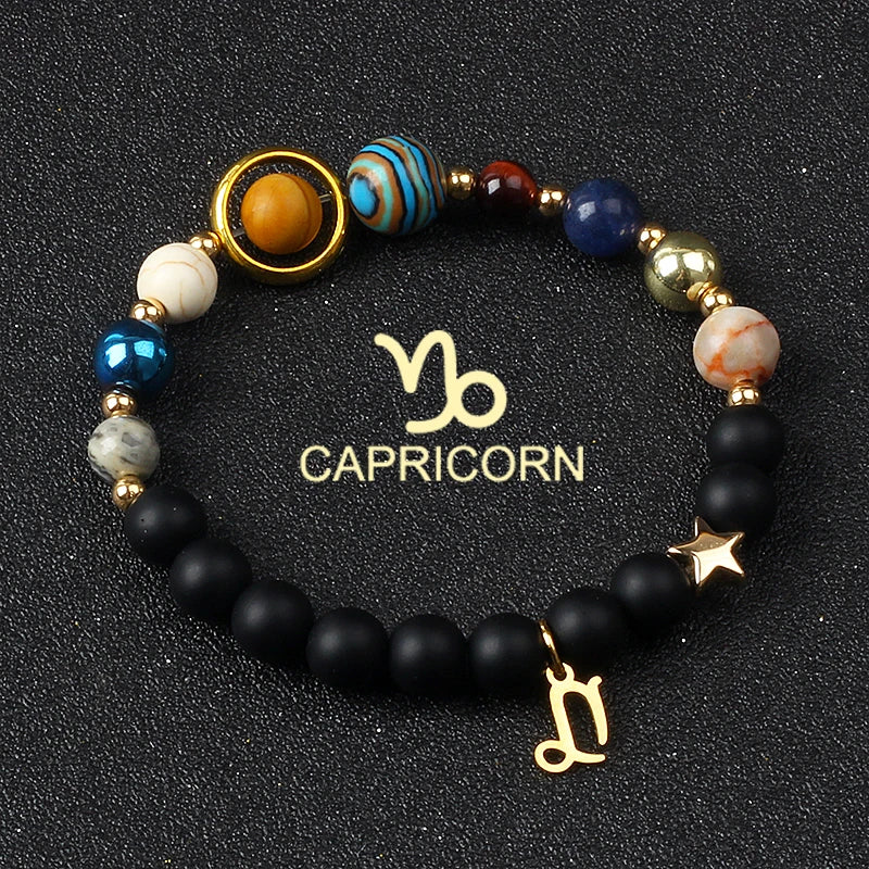 Eight Planets & Twelve Zodiac Beaded Bracelet, Natural Stone Cosmic Astrology Talisman