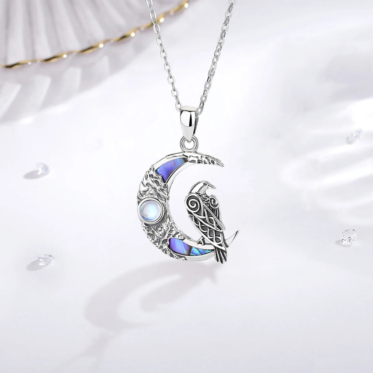 Sterling Silver 925 Viking Raven & Pentagram Moon Necklace, Abalone Shell Amulet