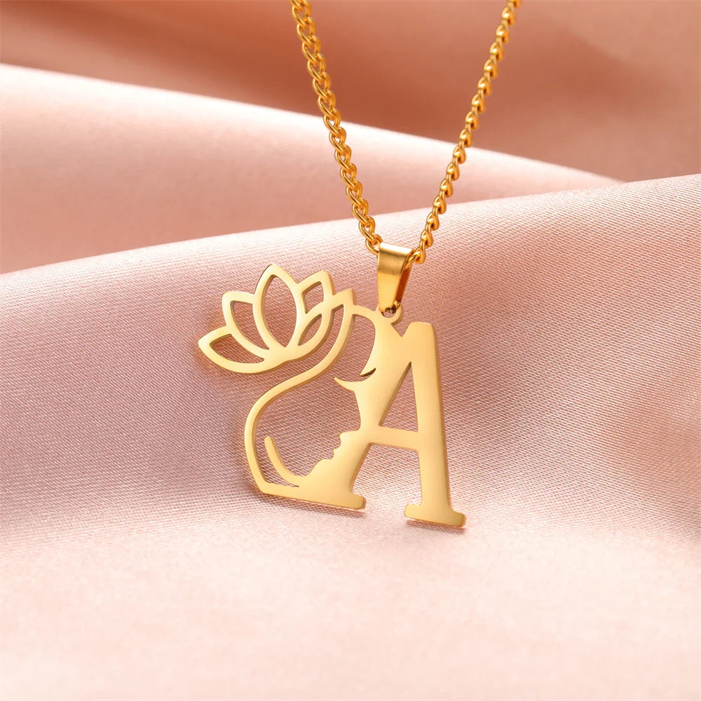 Lotus Flower Initial Letter Pendant, Personalized Stainless Steel Necklace