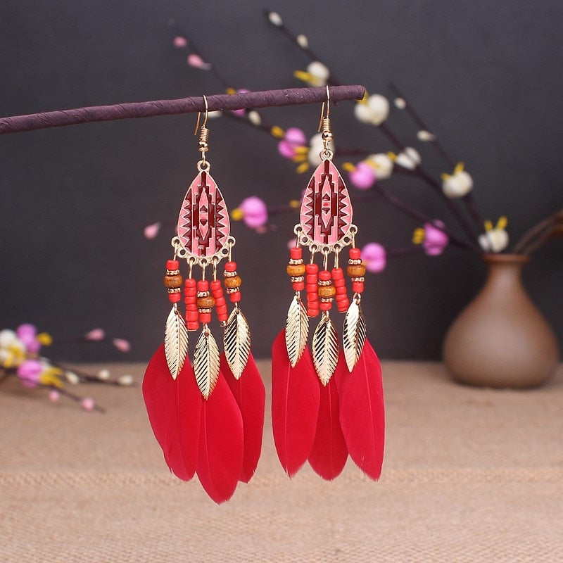 Boho Long Feather Dangle Women's Earrings Beach Long Tassel Beads Handmade Flower Enamel Earrings Bride Wedding Pendientes Mujer