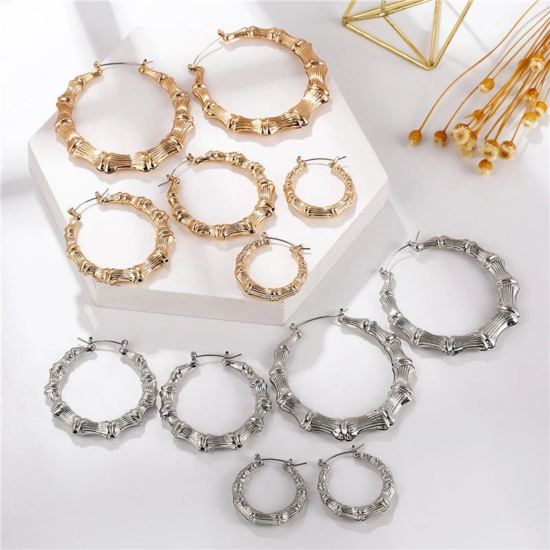 Bamboo Joint Large Circle Hoop Earrings Set Jewelry