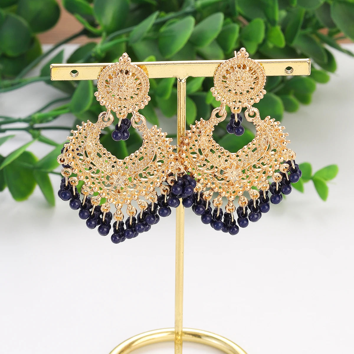 Gold Carved Heart Pink Bead Jhumka Earrings Jewelry