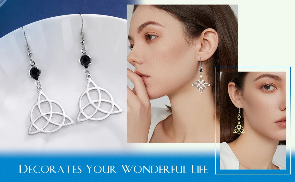 Triple Moon, Rune & Pentagram Hoop Earrings, Stainless Steel Witchy Amulet