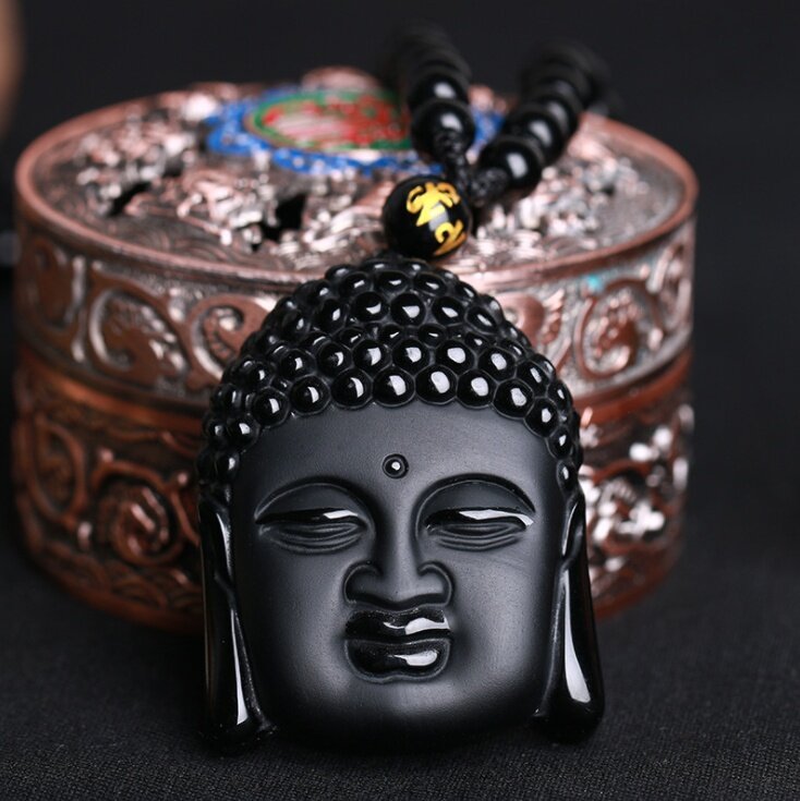 Fashion Frosted Obsidian Sakyamuni Buddha Head Charm Men and Women Amulet Necklace Buddhist Religious Jewelry
