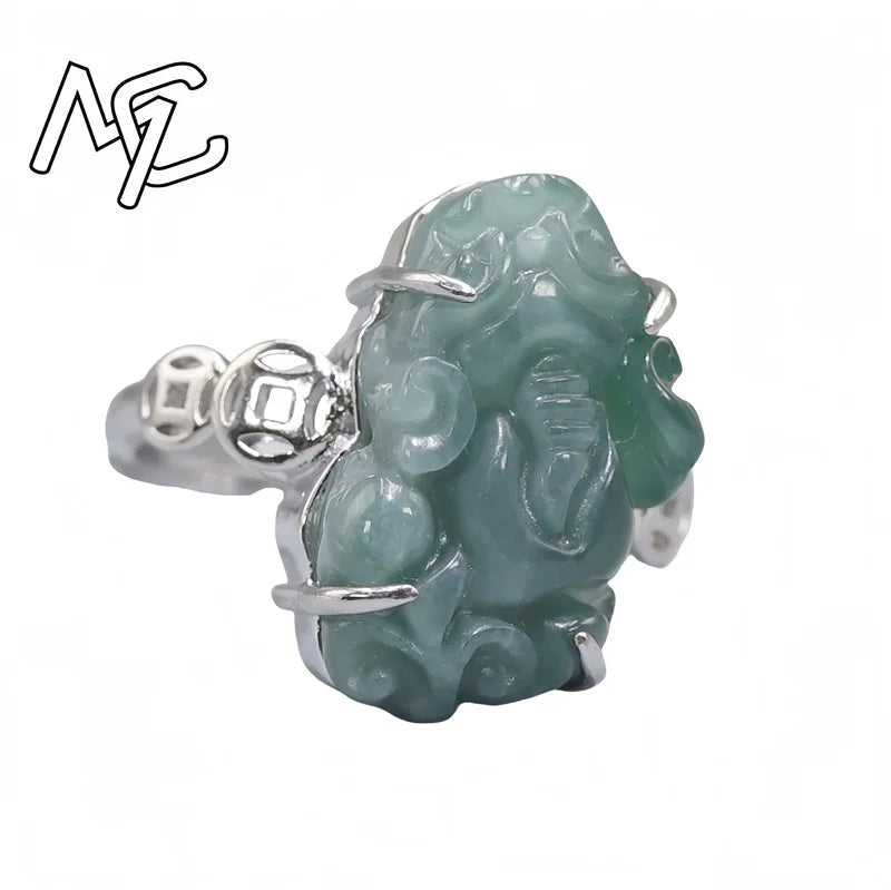 S925 Silver Burmese Jade Flower, Gourd & Butterfly Adjustable Ring, Sacred Amulet