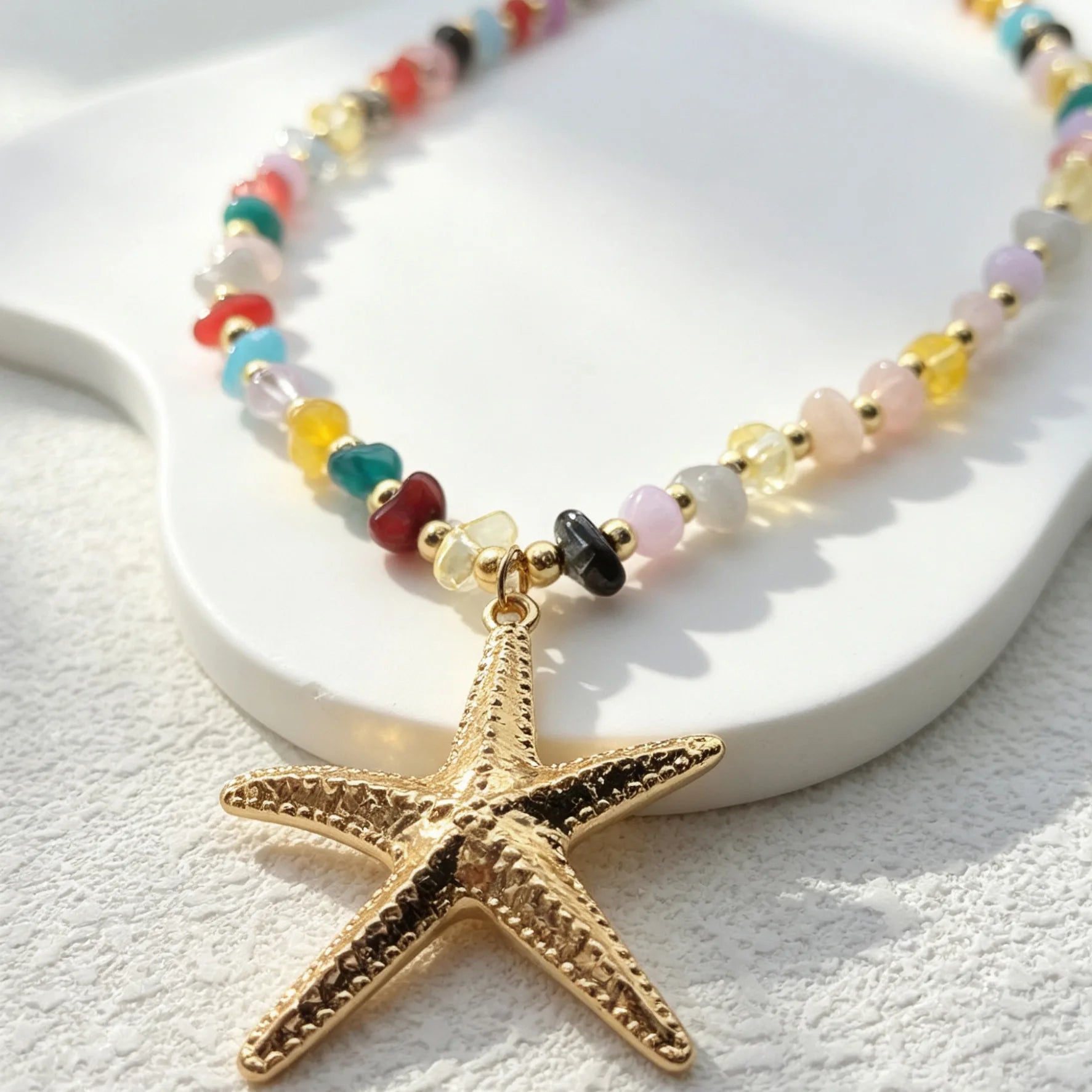 2026 Vintage Boho Colorful Natural Stone Beaded Necklace Gold Starfish Pendant Choker Summer Beach Vacation Party Jewelry Gift - Charlie Dolly