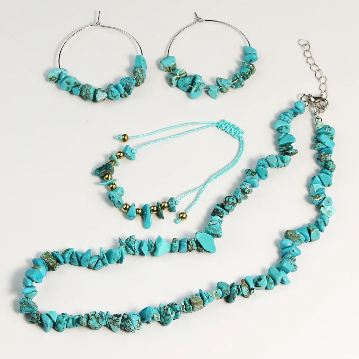 3PCS Natural Stone Turquoise Crushed Stone Necklace Bracelet Earrings Set Boho Unisex Fashion Summer Seaside Vacation Jewelry - Charlie Dolly