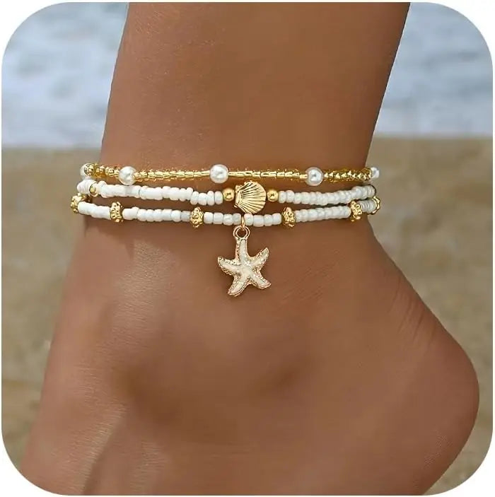 Waterproof Pearl Disc and Starfish Shell Boho Anklet