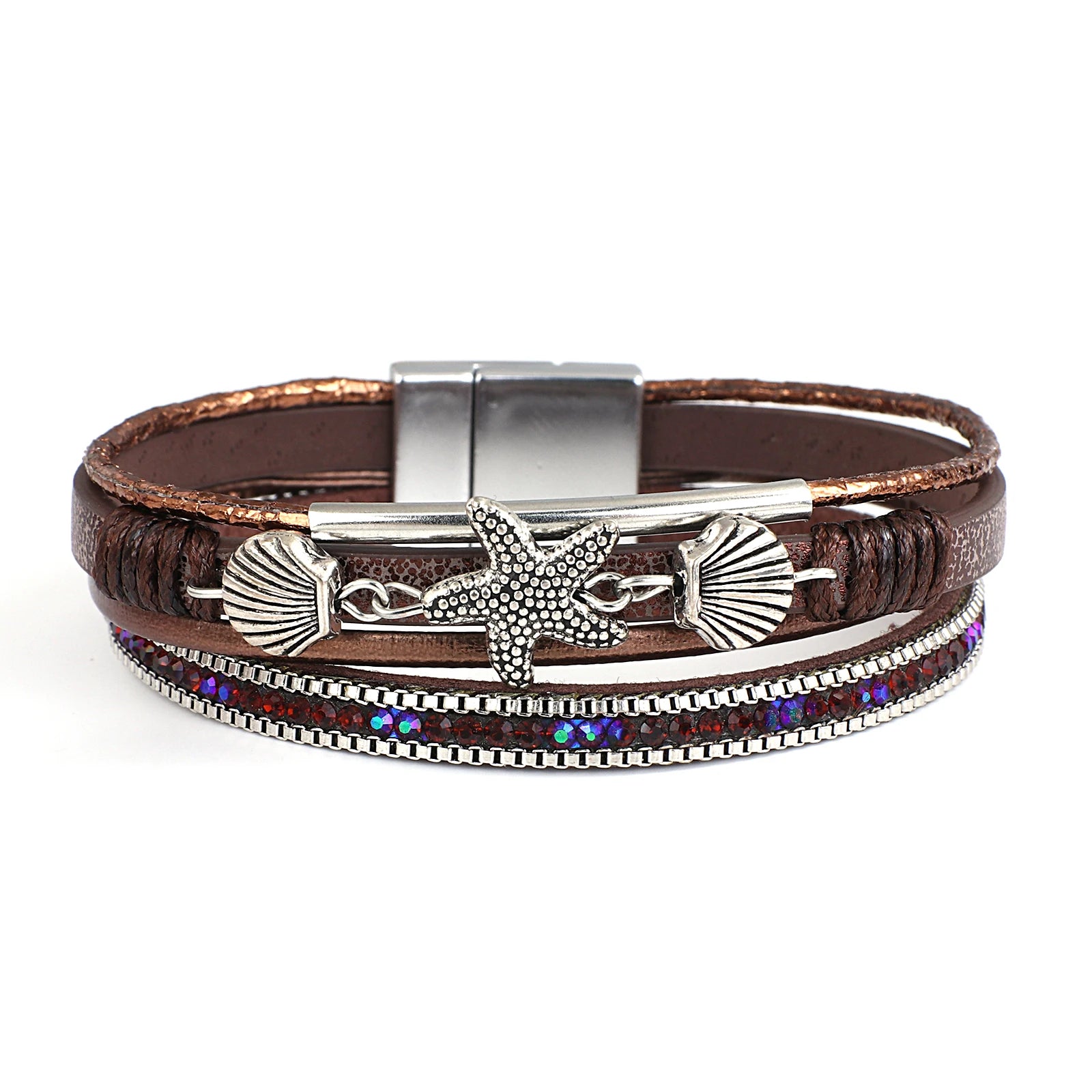 Starfish Shell and Crystal Bead Leather Boho Bracelet
