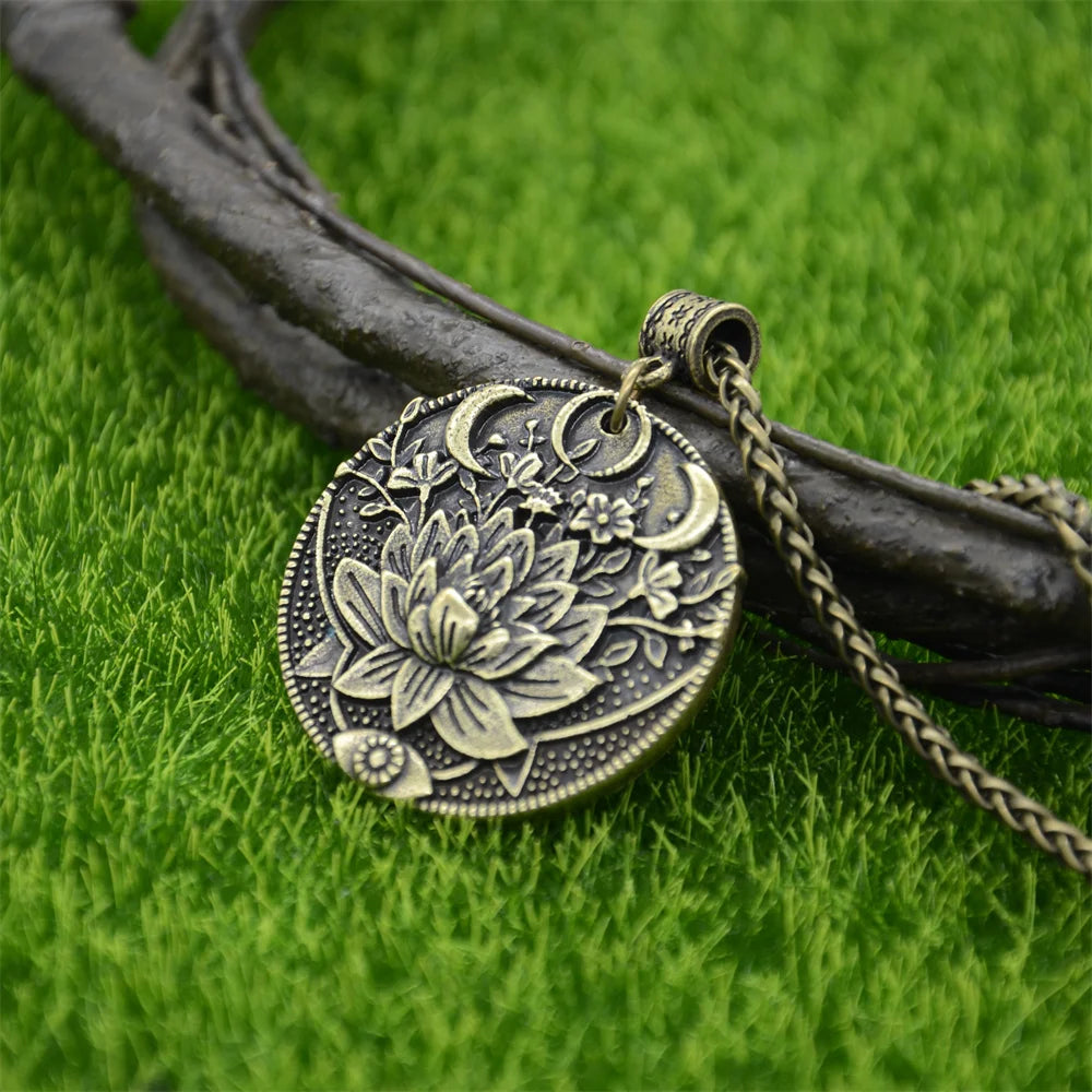 Wiccan Sun Moon Star Mandala Lotus Amulet Necklace, Sacred Witchy Talisman