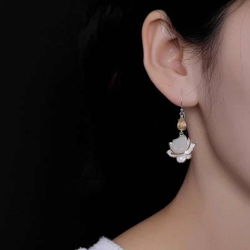 Natural Hotan Jade Lotus Flower Jewelry Set, Necklace Ring Bracelet Hairpin Boutique