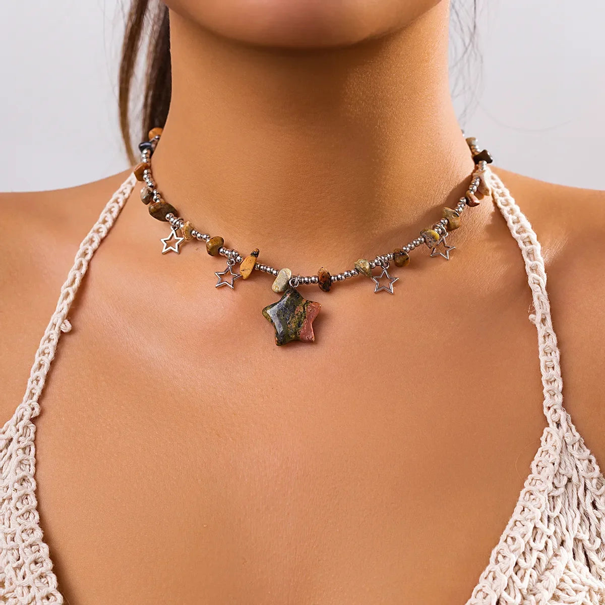 Boho Kpop Colorful Irregular Natural Stone Hollow Star Pendant Choker Necklace Women Goth Beads Chain Y2K Jewelry Accessorie New - Charlie Dolly