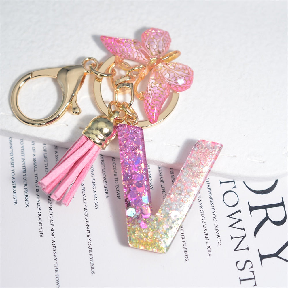 Cute Resin A-Z Initials Letter Keychain Pink Sparkle Butterfly Tassel Pendant Keyring for Women Girl Purse Handbags Jewelry Gift - Charlie Dolly