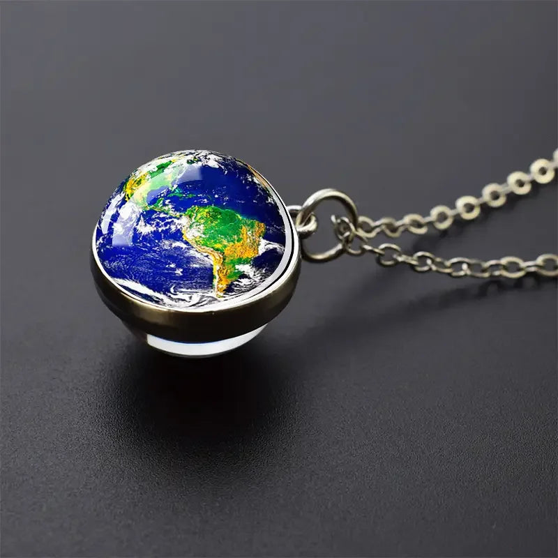 Double-Sided Galaxy Planet Glass Ball Pendant Necklace, Sun Moon Mars Cosmic Talisman