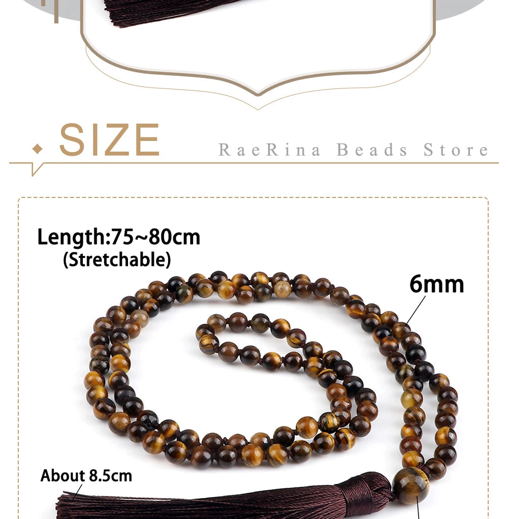 Men Natural Malachite Stones Necklaces Boho 108 Tiger Eye Beads Handmade Necklace with Tassel Yoga Medit Jewelry Gifts For Women - Charlie Dolly