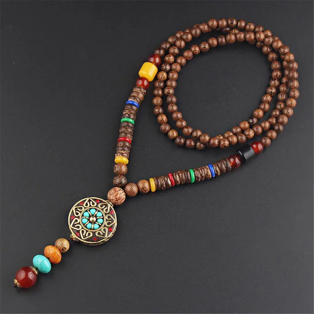 Wood Bead Long Sweater Chain Tassel Necklace Jewelry
