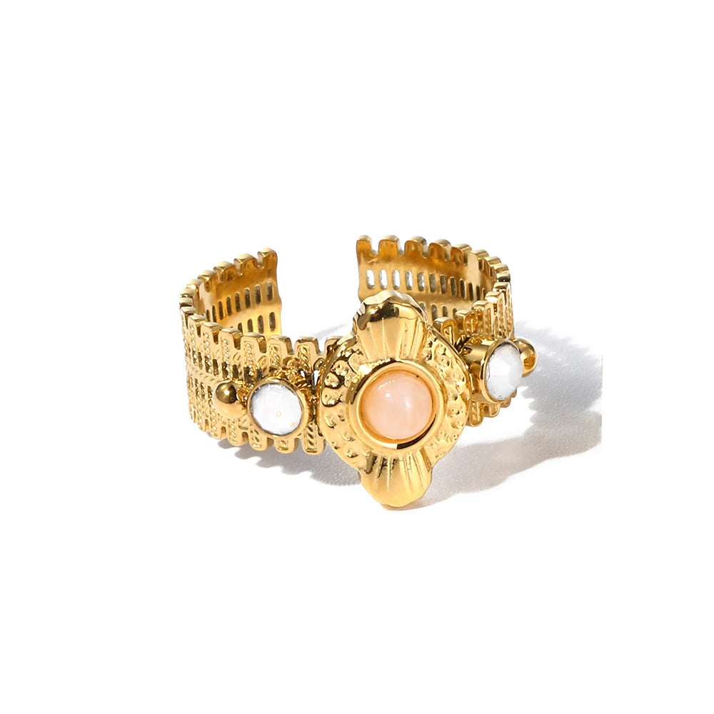 YACHAN Boho Vintage Stainless Steel Rings for Women Pink Natural Stone Lazurite 18K Gold Plated Aesthetic Trend Jewelry - Charlie Dolly