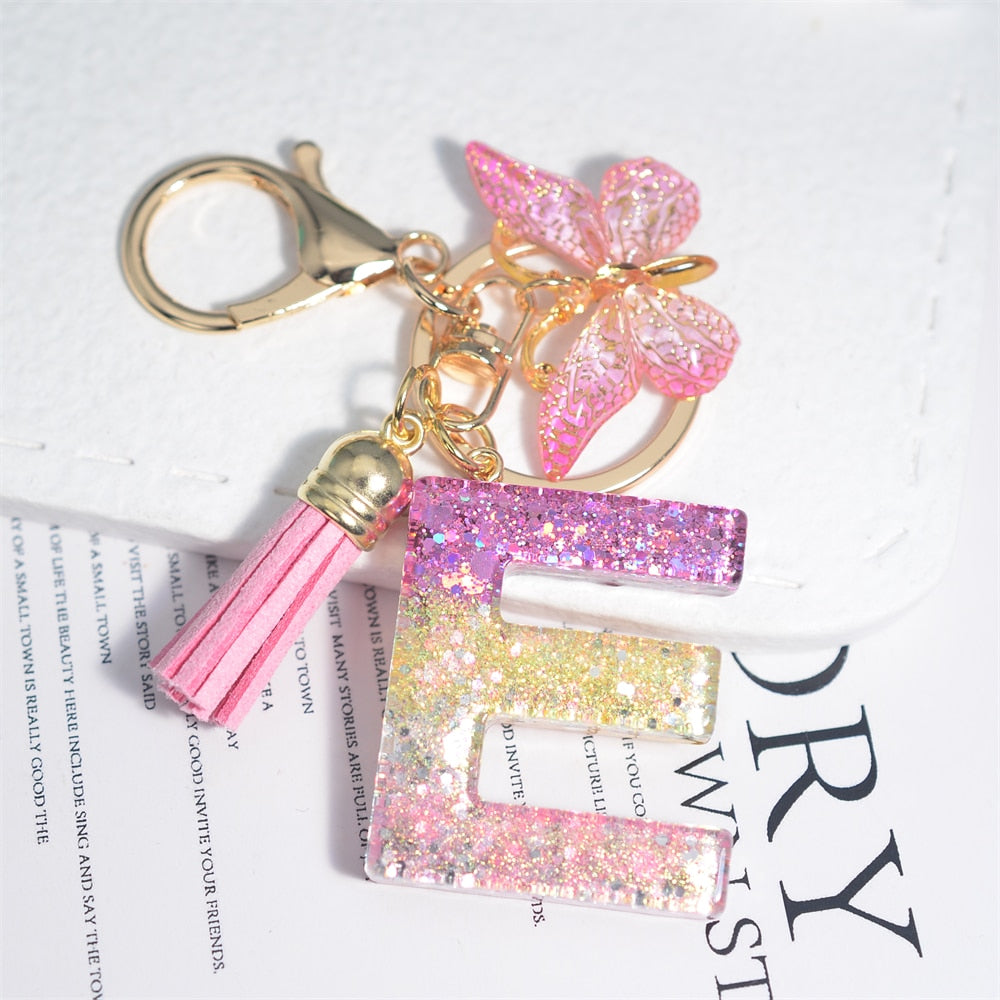 Cute Resin A-Z Initials Letter Keychain Pink Sparkle Butterfly Tassel Pendant Keyring for Women Girl Purse Handbags Jewelry Gift - Charlie Dolly