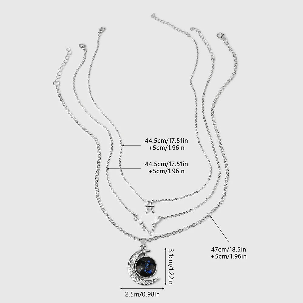 Zodiac Moon Glow Pendant Necklace Set of 3 with Birthstone Cards, Bestie & BFF Gift