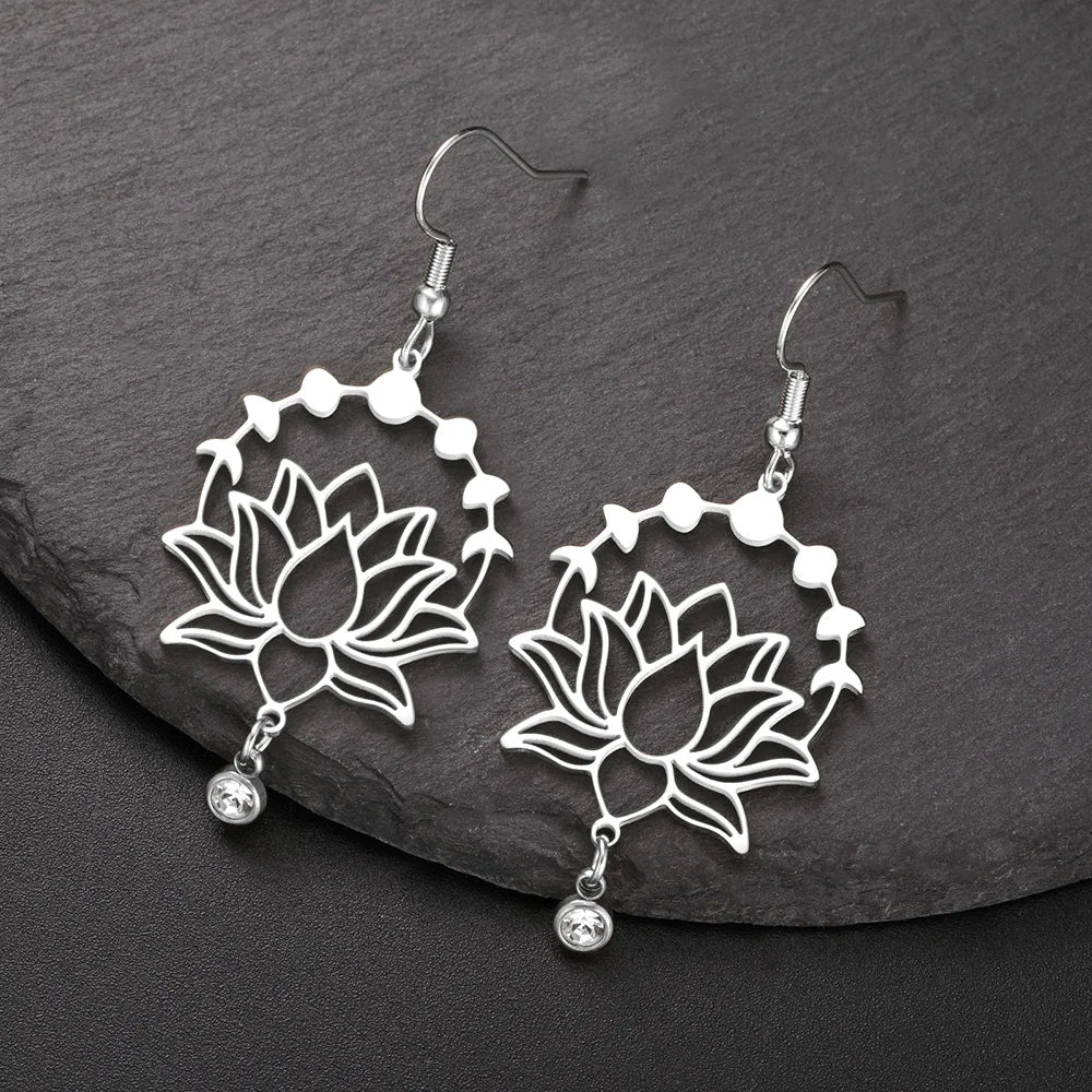 Moon Phase Lotus Dangle Earrings