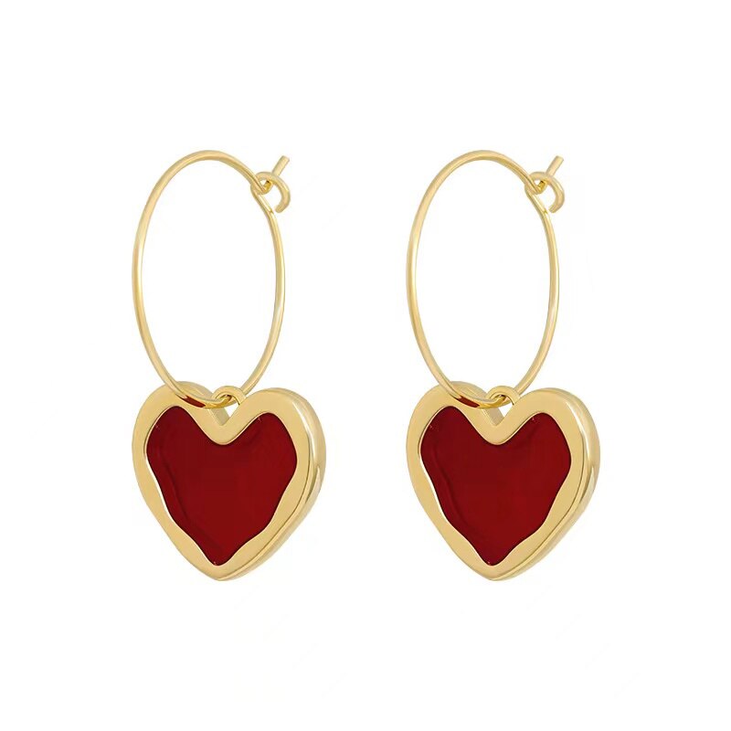 Burgundy Heart Pendant Cute Sweet Earrings For Women Simple Style Wholesale