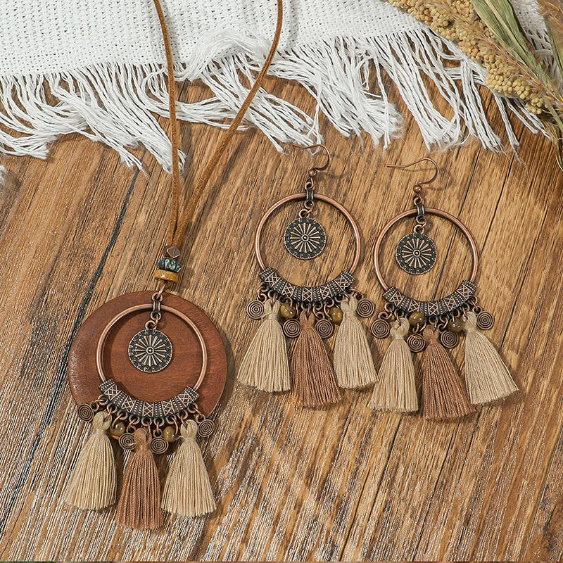 Wood Round Tassel Necklace Earring Set Jewelry