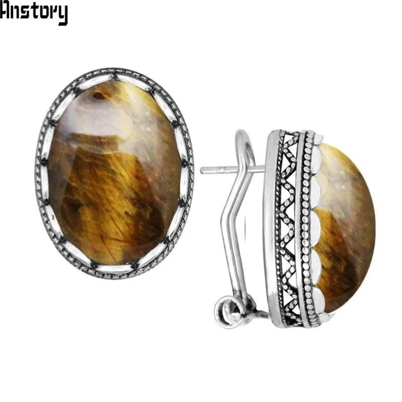 Oval Natural Lapis Lazuli Tiger Eye Pink Quartz Jades Blue Sequins Earrings Antique Sliver Plated Fashion Jewelry For Women - Charlie Dolly