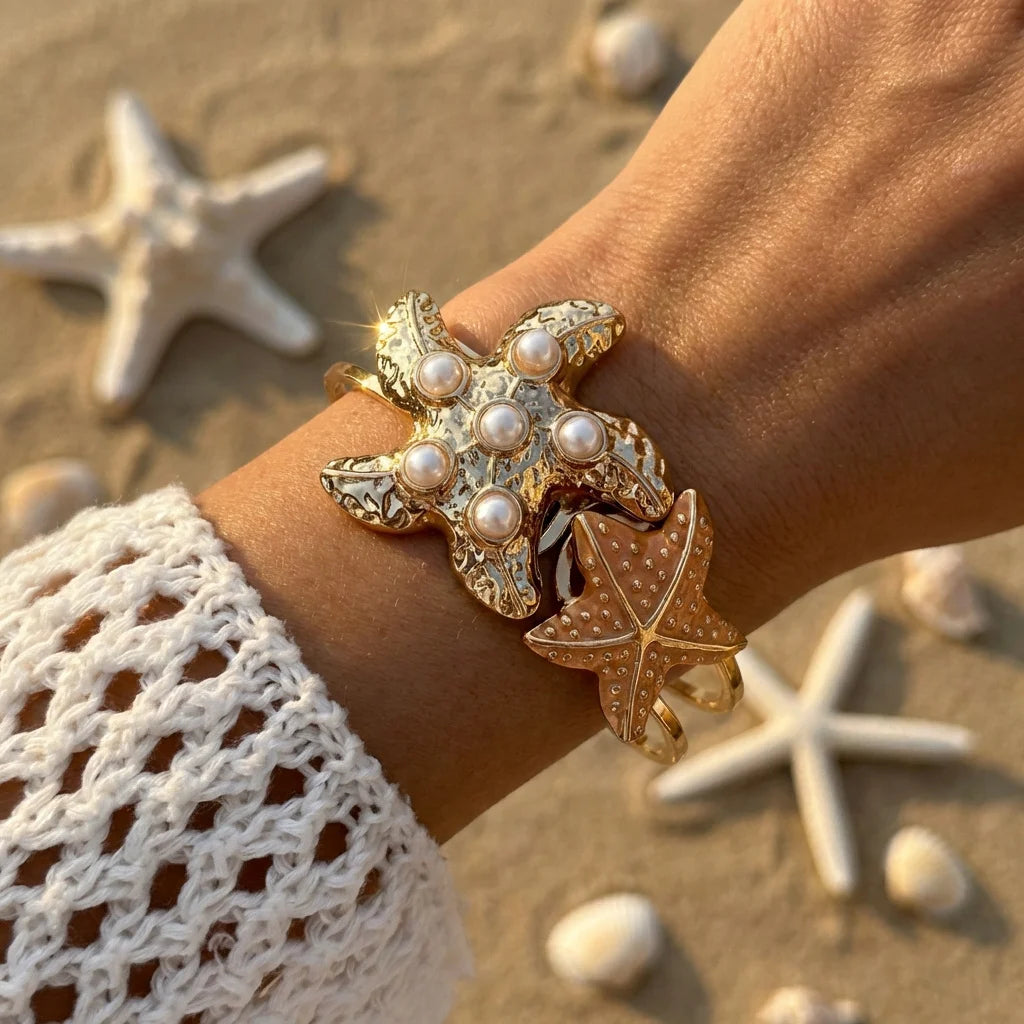 Starfish and Shell Enamel Bangle Bracelet