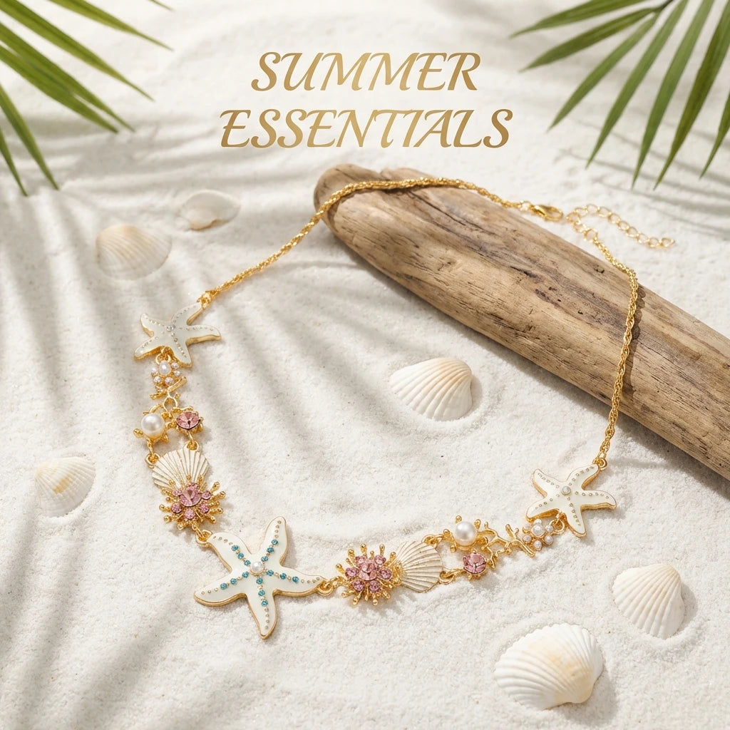 Starfish Shell and Zircon Boho Choker and Bracelet Set
