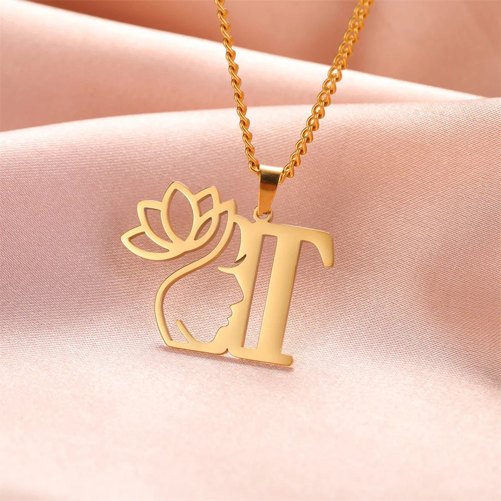 Lotus Flower Initial Letter Pendant, Personalized Stainless Steel Necklace
