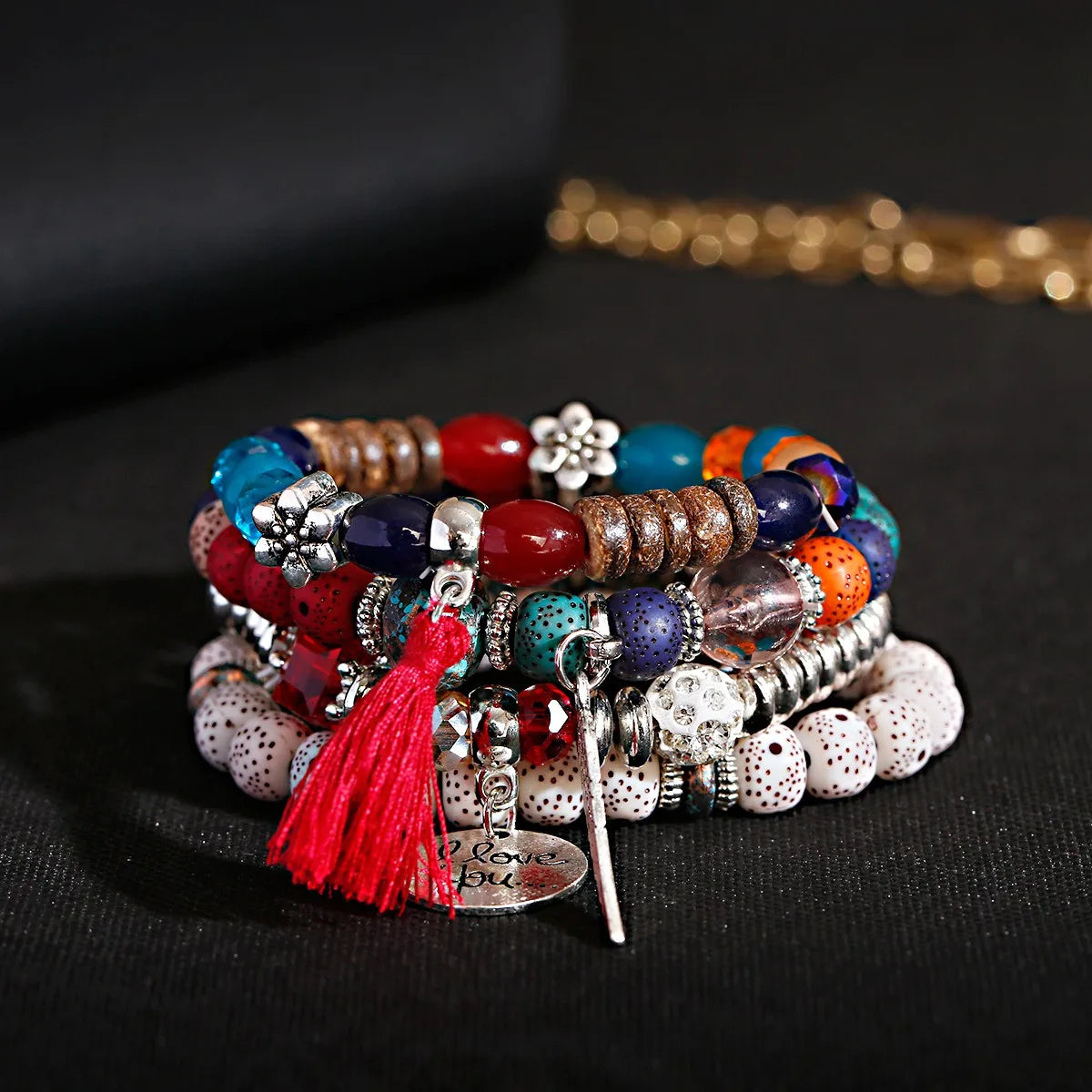 New Bohemian White Beads Tassel Bracelets Set Women Natural Lava Stone Alloy Wing Pendant Charm Bangle Boho Jewelry - Charlie Dolly