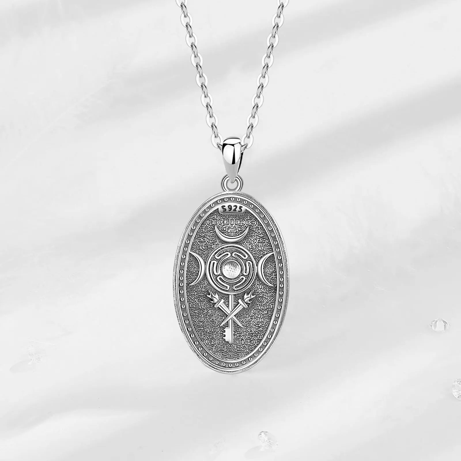 Triple Moon Goddess Hecate Hound Necklace, S925 Sterling Silver