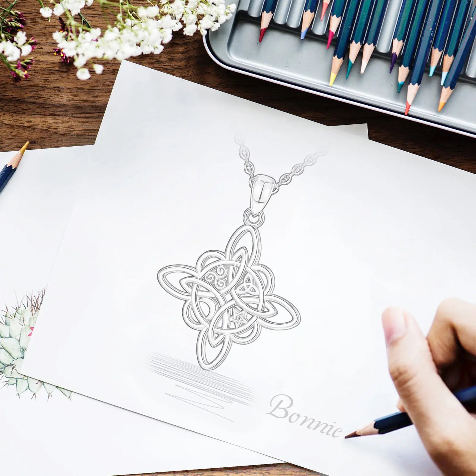S925 Sterling Silver Witch Knot Pendant Necklace, Celtic Star & Moon Witchcraft Amulet